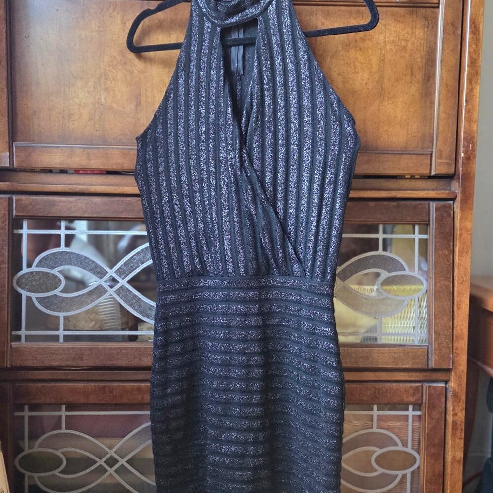 FILIPPA K Halter Mini Striped Black and Metallic Dress